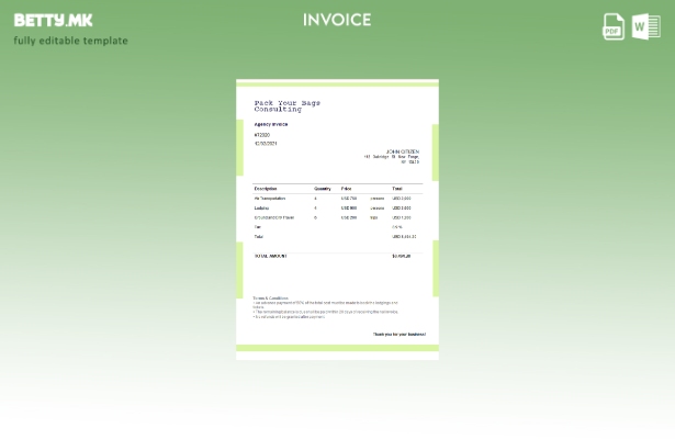 Модерен стил САД Спакувајте ги вашите торби шаблон за консултантска фактура